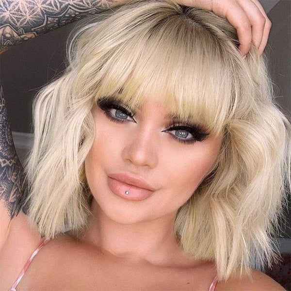 Short Ombre Blonde Wigs Wavy Bob Wig with Bangs