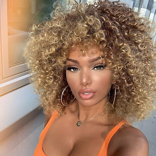 14 inch Blonde Curly Wigs Brown Mixd Blonde Afro Wigs