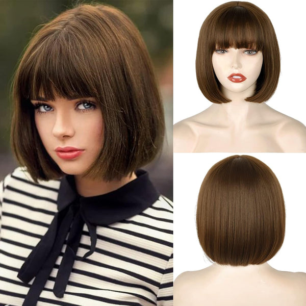 Short Brown Bob Wig for Women Synthetic Hair for Daily Party Cosplay