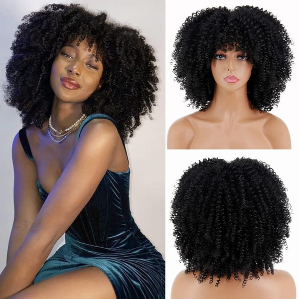 Short Black Curly Afro Wig with Bangs Synthetic Heat Resistant