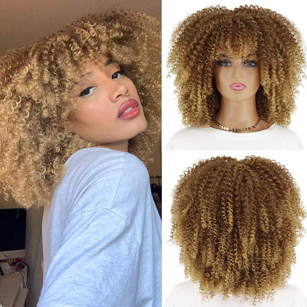 Curly Afro Wig with Bangs Synthetic Heat Resistant Full Afro Curly Wig