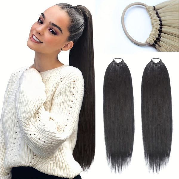 24" Long Straight Ponytail Extension - Synthetic Heat Resistant Synthetic Hair on Elastic Band