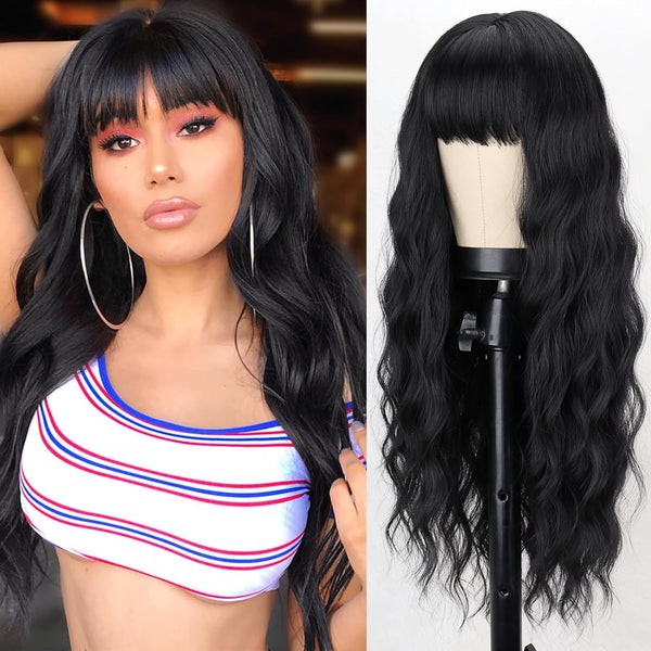 Long Black Wig with Bangs 26 Inch Synthetic Wavy Bangs Black Wig